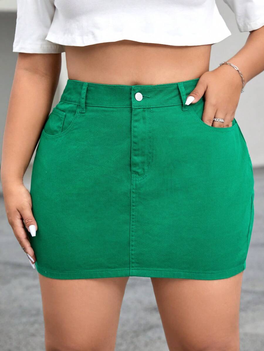 SHEIN EZwear Plus High Waist Bodycon Denim Skirt - Green - View 1