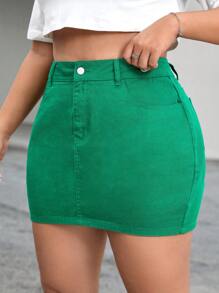 SHEIN EZwear Plus High Waist Bodycon Denim Skirt - Green - View 5