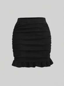 SHEIN MOD Falda en mezclilla fruncido bajo con fruncido - Negro - Ver 1