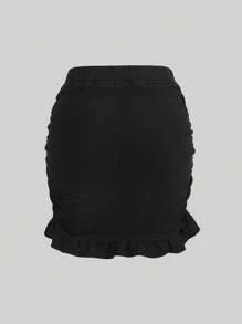 SHEIN MOD Falda en mezclilla fruncido bajo con fruncido - Negro - Ver 2