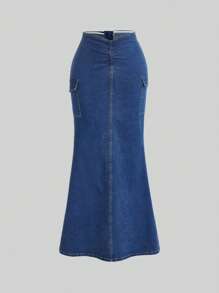 SHEIN ICON 翻蓋口袋魚尾裙下擺牛仔半身裙