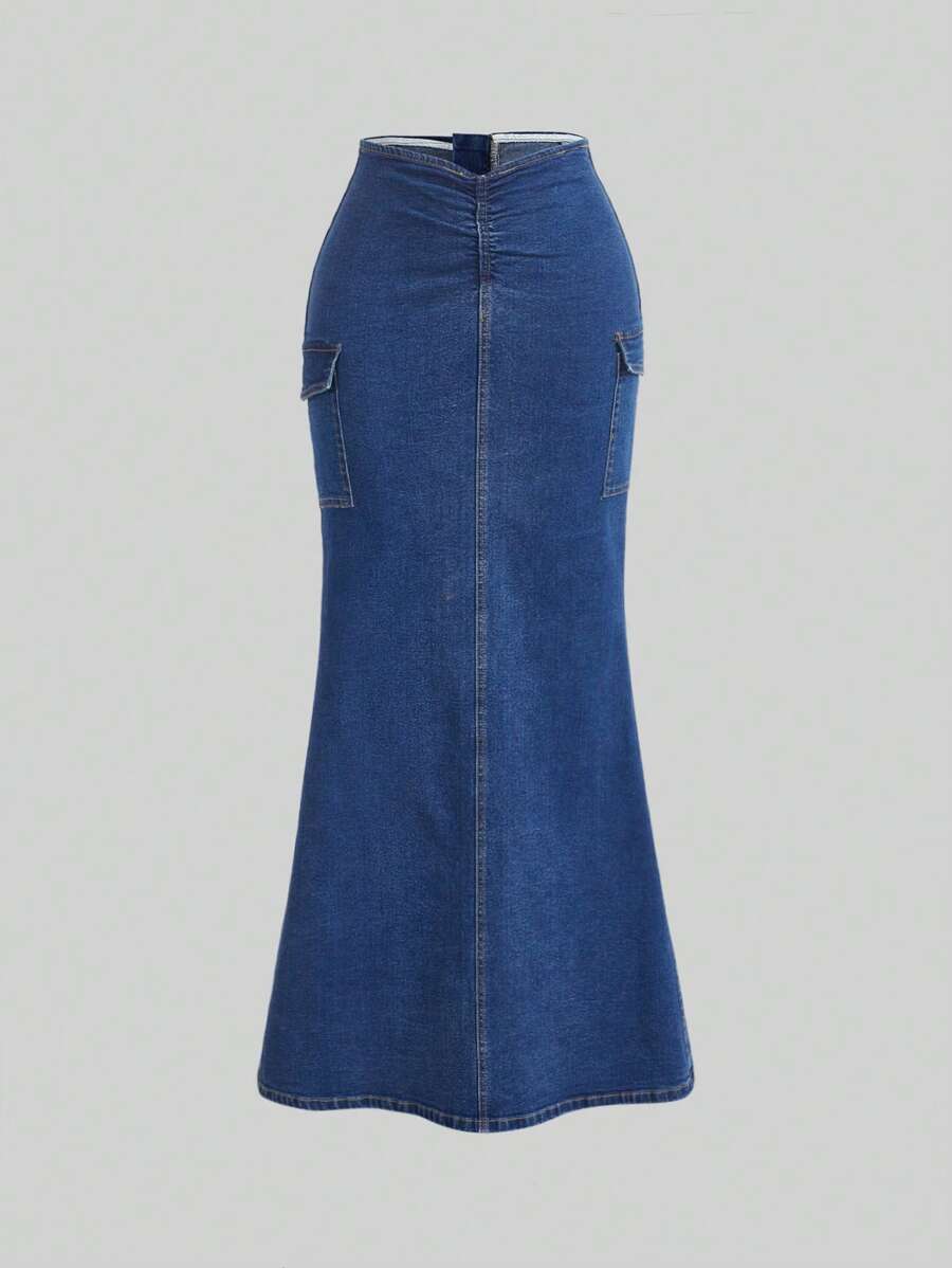 SHEIN ICON 翻蓋口袋魚尾裙下擺牛仔半身裙