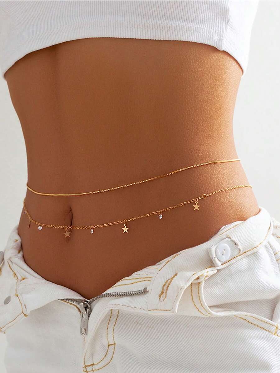 2 cái/bộ Ngôi Sao Thời Trang & Rhinestone Trang Trí Dây Thắt Lưng Cho Phụ Nữ Trang Trí Cơ Thể - Vàng - Xem 1