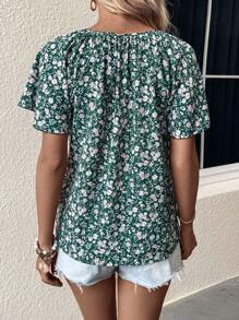 SHEIN LUNE Áo sơ mi nữ Thắt nơ trước Hoa Tất cả trên in Boho - Màu xanh lá cây đậm - Xem 2