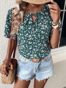SHEIN LUNE Áo sơ mi nữ Thắt nơ trước Hoa Tất cả trên in Boho - Màu xanh lá cây đậm - Xem 3