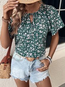 SHEIN LUNE Áo sơ mi nữ Thắt nơ trước Hoa Tất cả trên in Boho - Màu xanh lá cây đậm - Xem 4