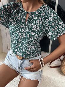 SHEIN LUNE Áo sơ mi nữ Thắt nơ trước Hoa Tất cả trên in Boho - Màu xanh lá cây đậm - Xem 6