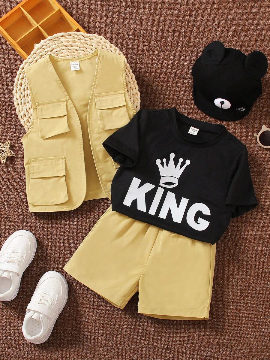 SHEIN 年輕男孩皇冠和字母圖形T恤及短褲及帶蓋口袋的馬甲外套