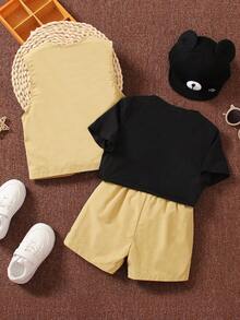 SHEIN 年輕男孩皇冠和字母圖形T恤及短褲及帶蓋口袋的馬甲外套