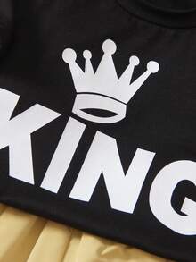 SHEIN 年輕男孩皇冠和字母圖形T恤及短褲及帶蓋口袋的馬甲外套