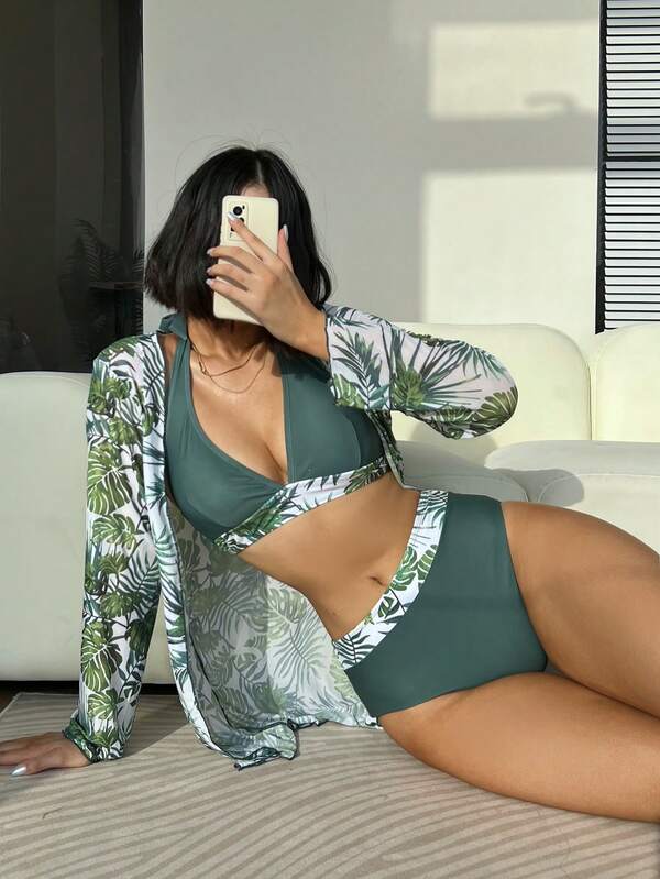 Tropical Print Halter Bikini Swimsuit With Kimono SHEIN USA