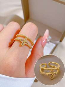 1入組魅力四射水鑽花朵裝飾開口戒指適合女士日常裝飾 - 彩色 - 查看 1