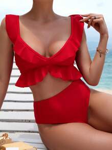 Swim Vcay 2-Piece Red Ruffle Swimwear Set For Women Summer - Red - View 3