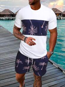 Manfinity RSRT 男士熱帶圖案T恤和腰部抽繩短褲套裝 - 藍白色 - 查看 1