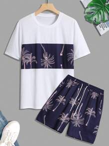 Manfinity RSRT 男士熱帶圖案T恤和腰部抽繩短褲套裝 - 藍白色 - 查看 3
