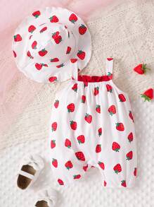 SHEIN Baby Girl Strawberry Print Cami Romper - White - View 1