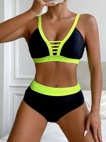 SHEIN Swim Summer Beach Contrast Binding Cut Out Bikini Set - Multicolor - View 1
