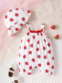 SHEIN Baby Girl Strawberry Print Cami Romper - White - View 2