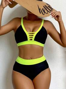 SHEIN Swim Summer Beach Contrast Binding Cut Out Bikini Set - Multicolor - View 3