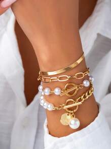 4入组/套時尚圓形和人造珍珠裝飾手環適合女士日常裝飾 - 彩色 - 查看 1