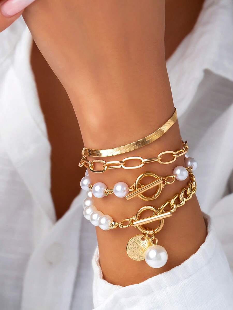 4入组/套時尚圓形和人造珍珠裝飾手環適合女士日常裝飾 - 彩色 - 查看 1