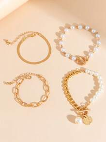 4入组/套時尚圓形和人造珍珠裝飾手環適合女士日常裝飾 - 彩色 - 查看 2