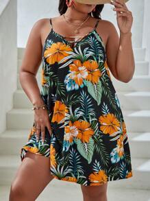 SHEIN VCAY 大碼熱帶圖案吊帶連衣裙 - 彩色 - 查看 1