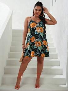 SHEIN VCAY 大碼熱帶圖案吊帶連衣裙 - 彩色 - 查看 6