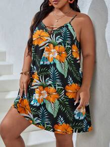 SHEIN VCAY 大碼熱帶圖案吊帶連衣裙 - 彩色 - 查看 5