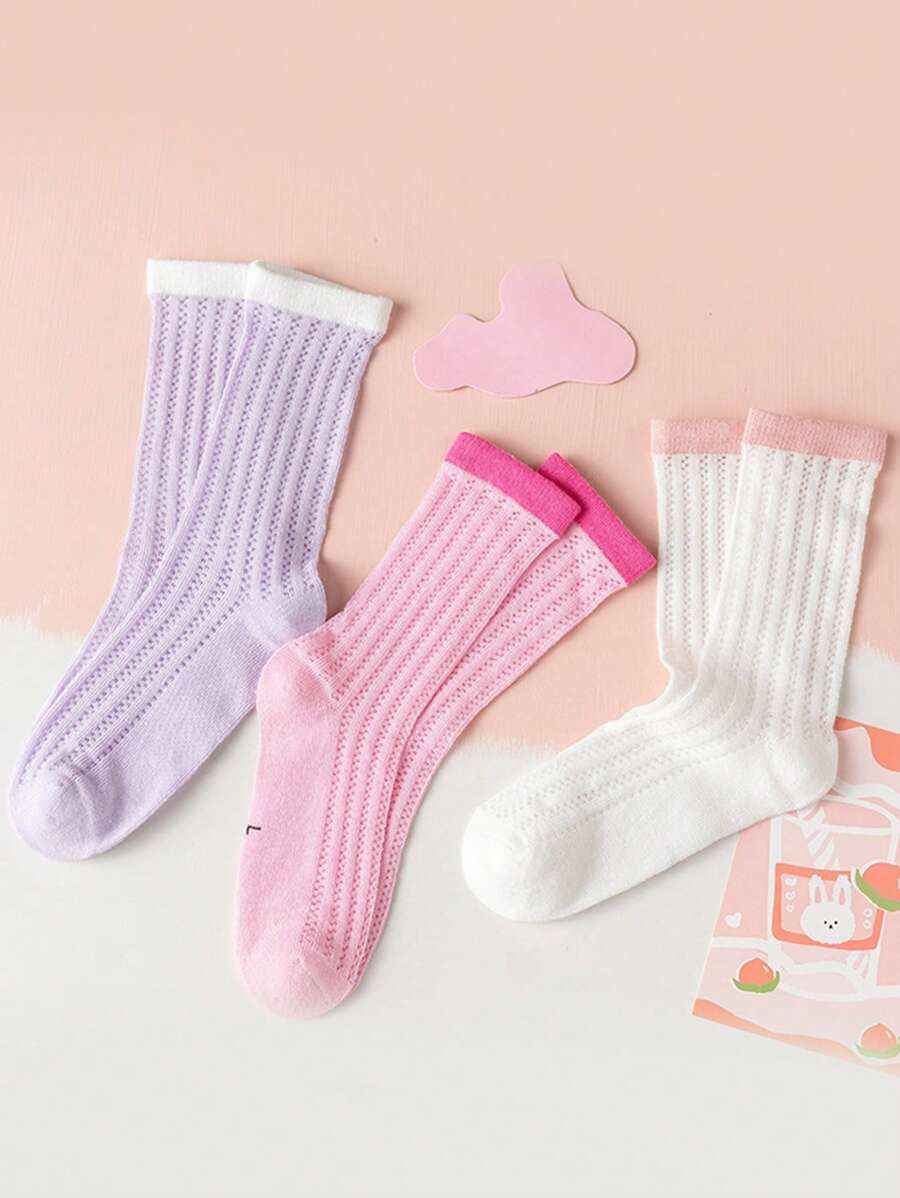 3pairs Girls Contrast Panel Breathable Fashionable Crew Socks For Daily Life - Multicolor - View 1