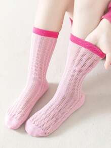 3pairs Girls Contrast Panel Breathable Fashionable Crew Socks For Daily Life - Multicolor - View 5