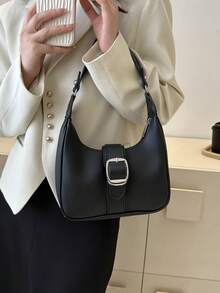 Small Hobo Bag Buckle Decor Black - Black - View 5