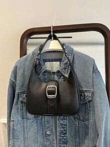 Small Hobo Bag Buckle Decor Black - Black - View 7