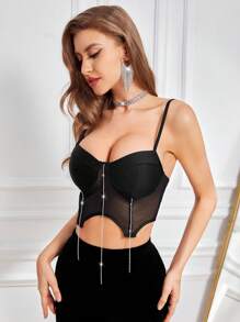 Zolique Áo khoác và áo lót dành cho xe tăng nữ Pha lê kim cương Bất đối xứng Chuỗi Tương phản Mesh cắt màu trơn Buổi tiệc - màu đen - Xem 4