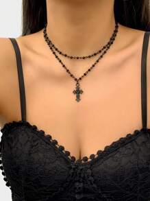 2入組/套復古十字架吊飾多層次項鍊適合女士日常裝飾 - 黑色 - 查看 1