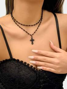 2入組/套復古十字架吊飾多層次項鍊適合女士日常裝飾 - 黑色 - 查看 3