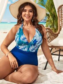 Swim Vcay 大碼熱帶圖案褶邊吊脖連體泳衣 - 藍色 - 查看 3