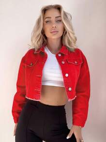 SHEIN Frenchy Drop Shoulder Raw Hem Crop Denim Jacket - Red - View 4