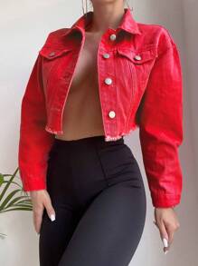 SHEIN Frenchy Drop Shoulder Raw Hem Crop Denim Jacket - Red - View 1