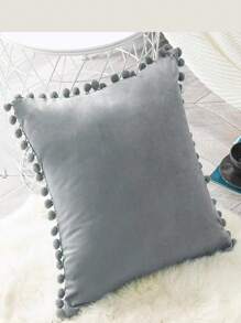 1入組無填充物絨球細節靠墊套，家居裝飾用簡約布藝枕套 - 灰色 - 查看 1