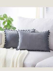 1入組無填充物絨球細節靠墊套，家居裝飾用簡約布藝枕套 - 灰色 - 查看 2