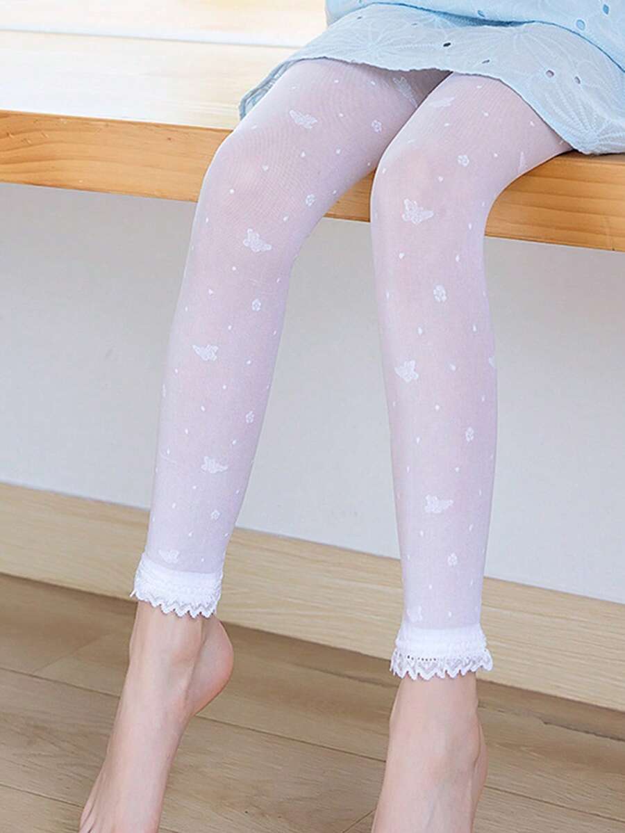 1對女孩蝴蝶樣式蕾絲拼接時尚褲襪適用於日常