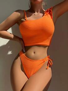 纯色系带侧分体泳衣夏季海滩 - 橘色 - 查看 1
