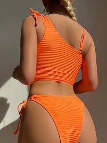纯色系带侧分体泳衣夏季海滩 - 橘色 - 查看 2