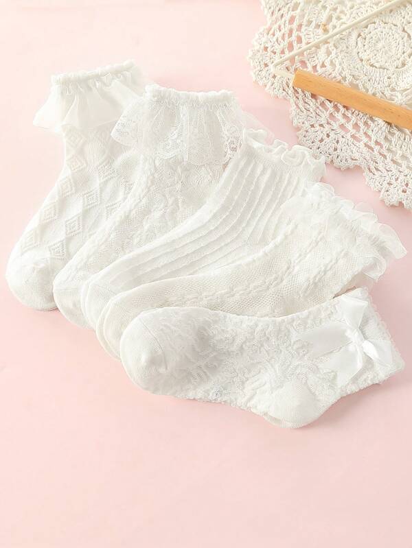 5pairs Girls Ruffle Trim Casual Crew Socks For Daily Life