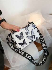迷你抽绳方形化妆包，配链条肩带，蝴蝶图案单肩包 - 黑與白 - 查看 1