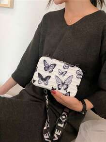 迷你抽绳方形化妆包，配链条肩带，蝴蝶图案单肩包 - 黑與白 - 查看 2