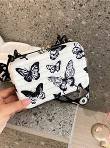 迷你抽绳方形化妆包，配链条肩带，蝴蝶图案单肩包 - 黑與白 - 查看 3