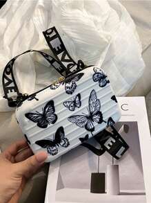 迷你抽绳方形化妆包，配链条肩带，蝴蝶图案单肩包 - 黑與白 - 查看 4