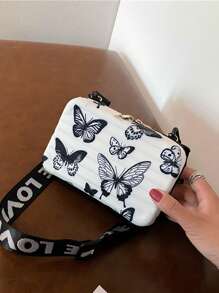 迷你抽绳方形化妆包，配链条肩带，蝴蝶图案单肩包 - 黑與白 - 查看 5